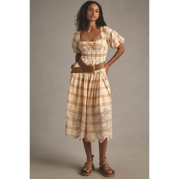 NWT By Anthropologie Puff-Sleeve Eyelet Midi Dress $188 MEDIUM PETITE Smocked - Picture 4 of 4